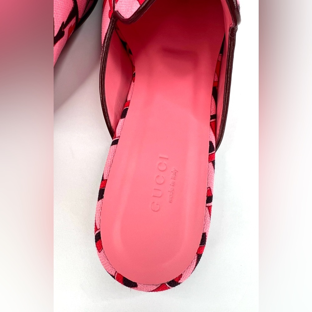 Gucci Princetown Horsebit Logo Print Pink Fabric Flat Loafer Mules Size EU 38.5 - Picture 9 of 12